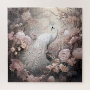 Quebra-cabeça Pavão branco romântico e flores cor-de-rosa esmaga