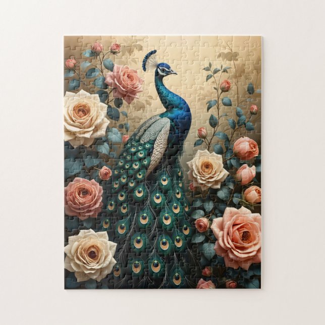 Quebra-cabeça Pavão com Rosas Rosa e Pêssego (Vertical)