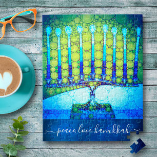 Quebra-cabeça "Peace Love Hanukkah" Artsy Blue & Green Menorah