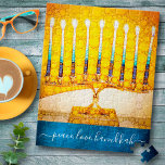 Quebra-cabeça "Peace Love Hanukkah" Artsy Yellow & Dourado Menor<br><div class="desc">"Paz, amor, Hanukkah." Uma fotografia de perto de uma menorah brilhante, colorida, amarela e dourada artística ajuda-o a lançar no estilo as férias de Chanucá. Sinta o calor e a alegria da temporada de festas sempre que você usa este quebra-cabeça impressionante e colorido de Hanukkah. Cartões de correspondência, envelopes, adesivos,...</div>