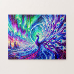 Quebra-cabeça Peacock abstrato no inverno com luzes do Norte