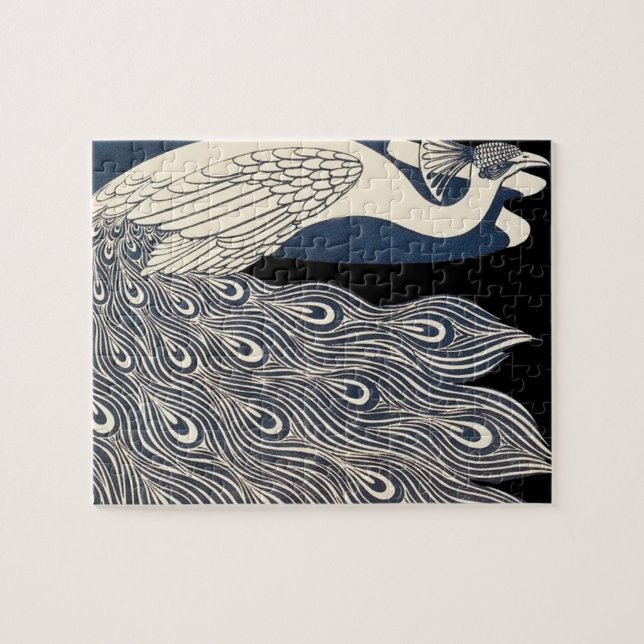 Quebra-cabeça Peacock Vintage Blue Art Nouveau Art (Horizontal)