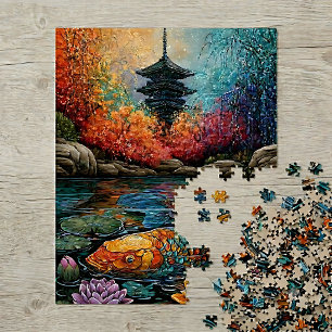 Quebra-cabeça Peixes Koi Arco-íris Jardim da Pagode Japonesa