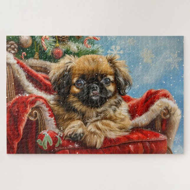 Quebra-cabeça Pekingese Cachorro Natal Festivo (Horizontal)