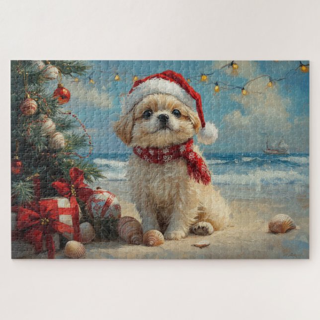 Quebra-cabeça Pekingese Dog Christmas Vintage Beach (Horizontal)