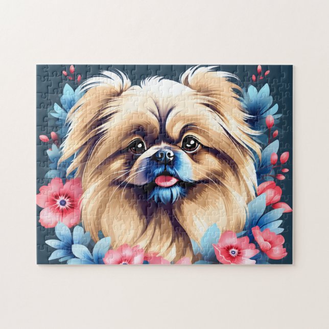 Quebra-cabeça Pekingese Dog Floral Elegante (Horizontal)