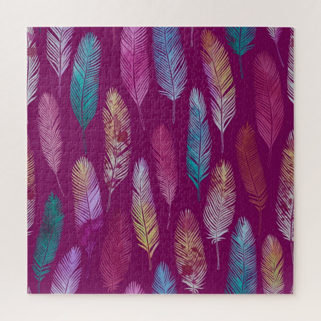 Quebra-cabeça Penas coloridas: padrão de fundo roxo. (Vertical)
