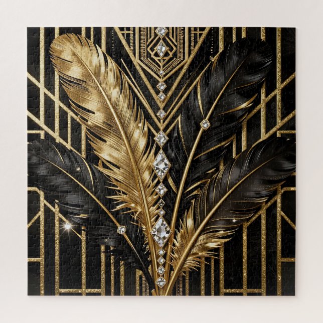 Quebra-cabeça Penas Pretas e Douradas Art Déco (Vertical)