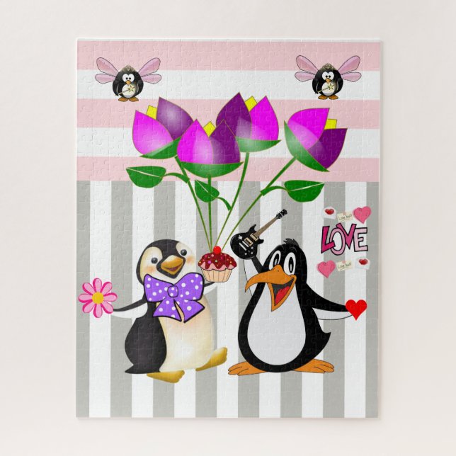 Quebra-cabeça Penguin Love Floral Cinza & White St (Vertical)