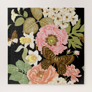 Quebra-cabeça Peônias de Rosas Vintage: Padrão Floral Preto