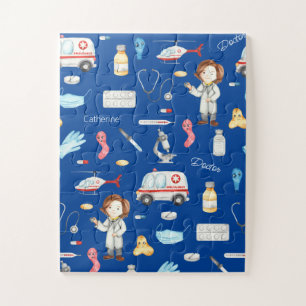Quebra-cabeça Pequena Menina Médica Padrão Médico com Nome, Azul