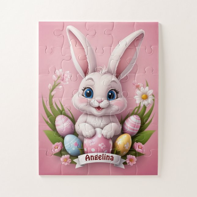 Quebra-cabeça Pequena Rapariga Personalizada Da Páscoa Rosa (Vertical)