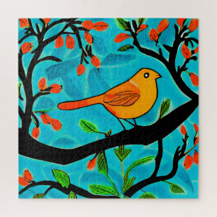 Quebra-cabeça Pequeno Pássaro Laranja em um Ramal de Flor