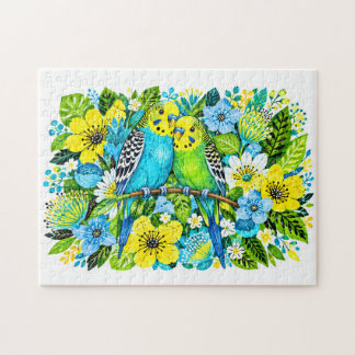 Quebra-cabeça Periquitos Azuis Verdes Budgerigaras Ilustração Fl