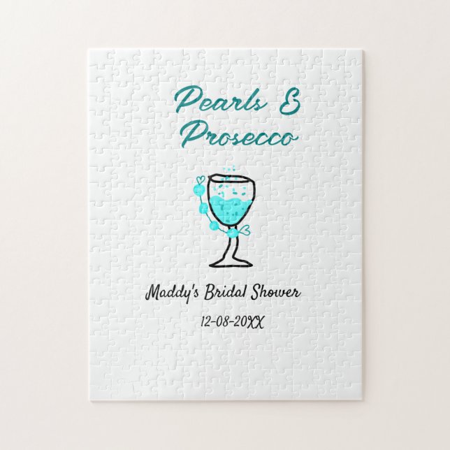 Quebra-cabeça Pérolas e prosecco chá de noiva azul preto nome  (Vertical)