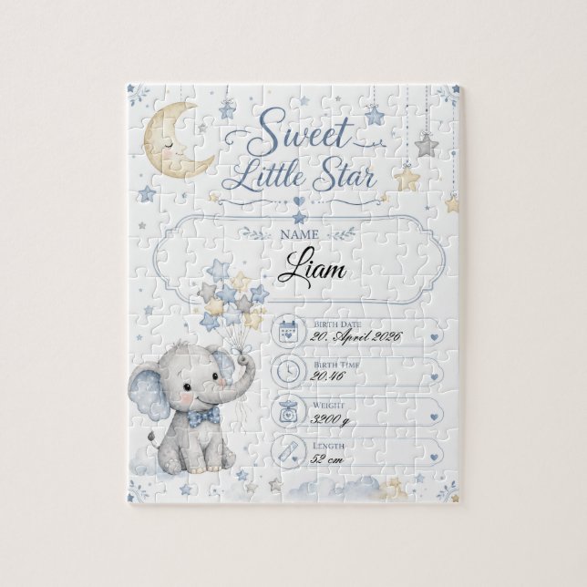 Quebra-cabeça Personalisierbare Baby Geburtstafel mit Elefant  (Vertical)