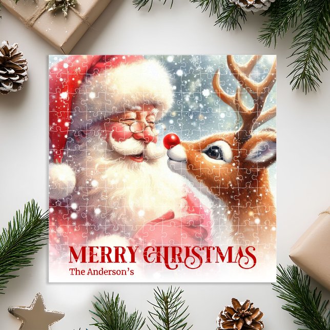 Quebra-cabeça Personalized Santa and Rudolph Kids Xmas Puzzle  (Personalized Santa and Rudolph Kids Xmas Puzzle Gift)