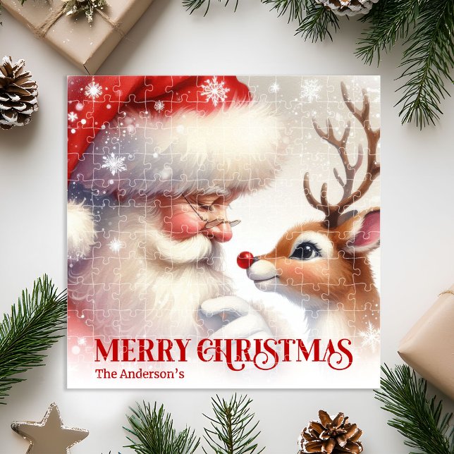 Quebra-cabeça Personalized Santa Rudolph Holiday Kids Puzzle Gif (Personalized Santa Rudolph Holiday Kids Puzzle Gift)