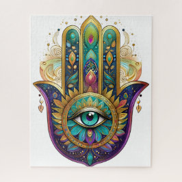 Quebra-cabeça Pétalas Violetas Douradas Verde Hamsa Turquesa Ter