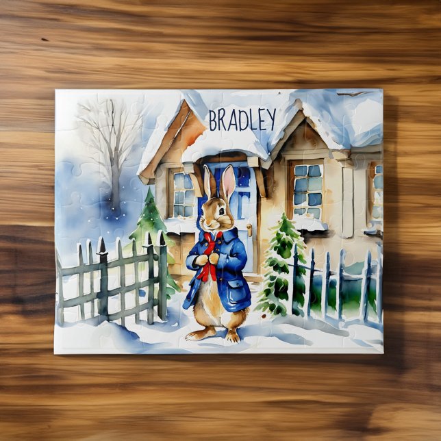 Quebra-cabeça Peter Cobit inverno presentes de Natal nome person (Peter rabbit winter cottage scenery Christmas gifts for kids personalized name Jigsaw Puzzle)