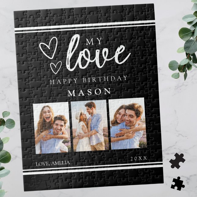 Quebra-cabeça Photo Collage Modern Black Happy Birthday (Photo Collage Modern Black Happy Birthday Jigsaw Puzzle)