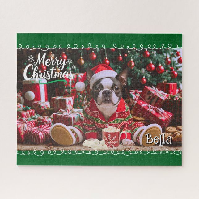 Quebra-cabeça Pijamas de Natal Cute Boston Terrier Personalizada (Horizontal)