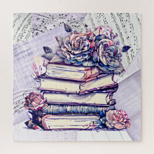 Quebra-cabeça Pilha de Livros Antigos e Rosas