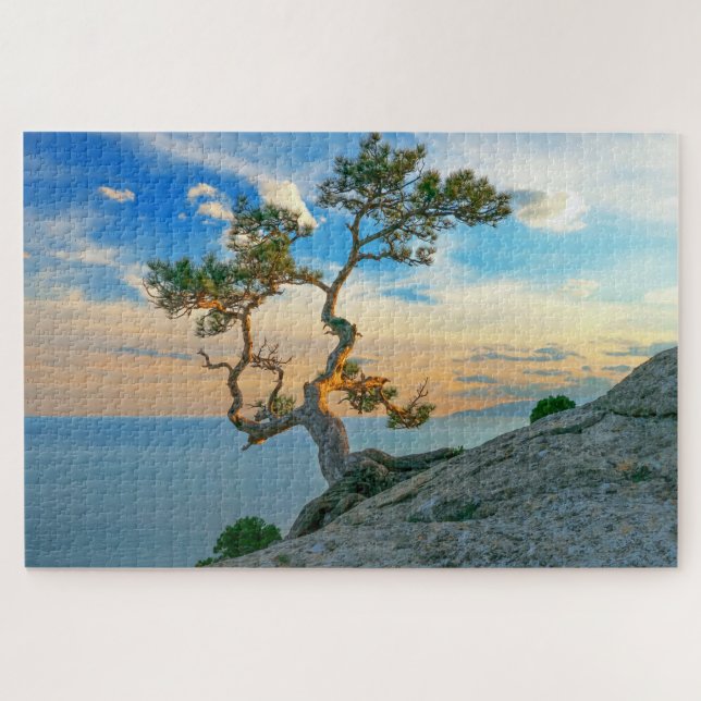 Quebra-cabeça Pine Tree On Rocks Nature Landscape Ocean Sunset (Horizontal)