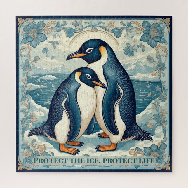 Quebra-cabeça Pinguim Art Déco Casal de Pássaros de Gelo Floral  (Vertical)