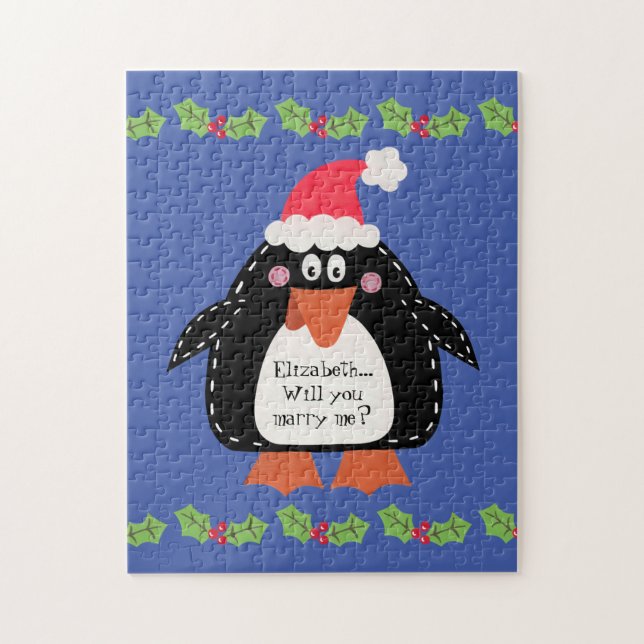Quebra-cabeça Pinguim de Proposta de Natal Personalizado (Vertical)