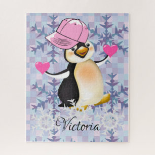 Quebra-cabeça Pinguim Rosa Corações Namorados F