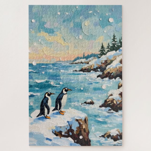 Quebra-cabeça Pinguins Antigos em Penhasco Natalino Costeiro Nev (Vertical)
