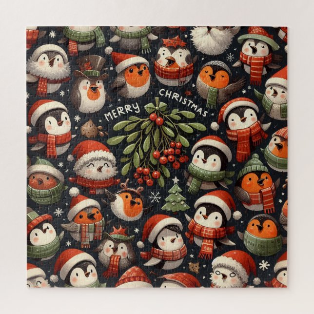 Quebra-cabeça Pinguins cantores de Natal e papa-figos sob visco (Vertical)