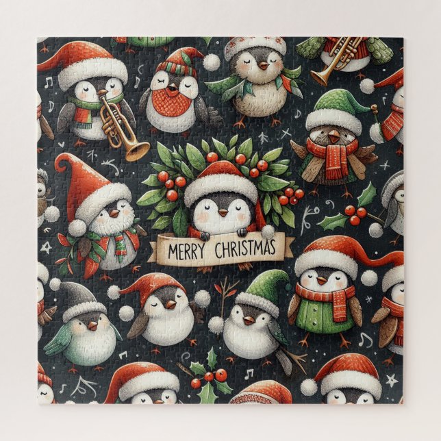 Quebra-cabeça Pinguins cantores de Natal e robins de visco (Vertical)