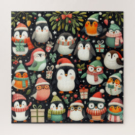 Quebra-cabeça Pinguins colorido, bonitos, vestidos para o invern