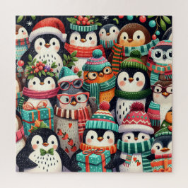 Quebra-cabeça Pinguins colorido, bonitos, vestidos para o invern