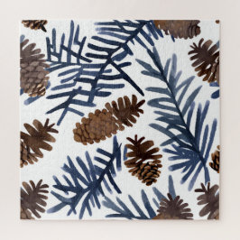 Quebra-cabeça Pinhas e Galhos | Pintura de Inverno em Aquarela