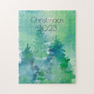 Quebra-cabeça Pinheiros com Aquarela de Natal Verde Azul