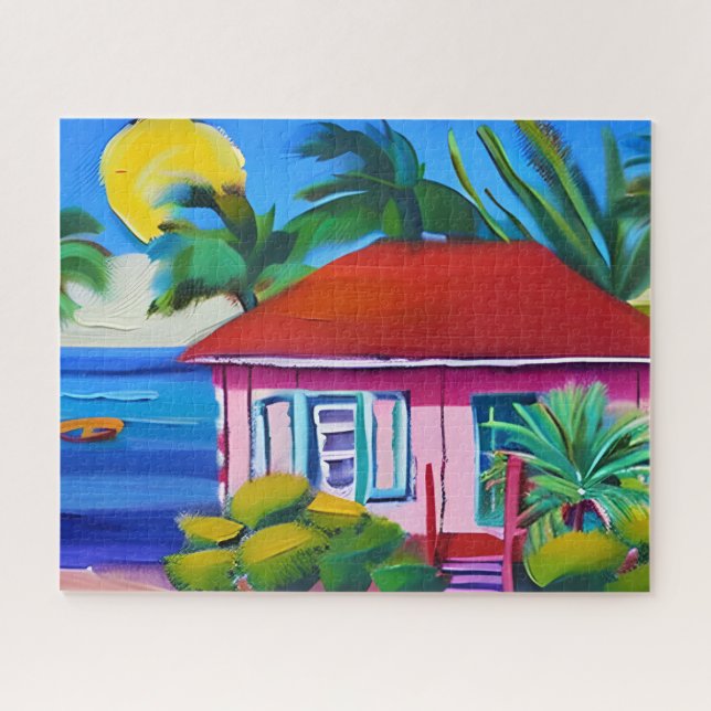 Quebra-cabeça Pink Beach House Arte Tropical (Horizontal)
