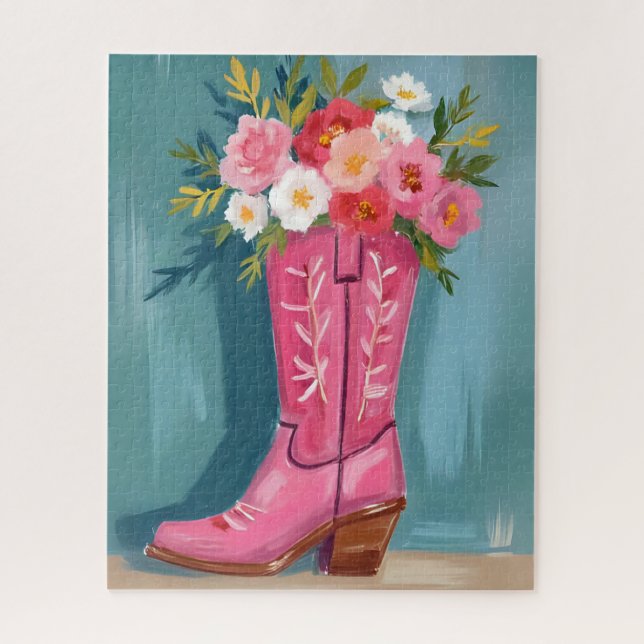 Quebra-cabeça Pink Cowgirl Boot Flower Bouquet Watercolor (Vertical)