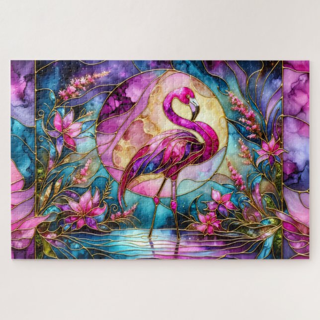 Quebra-cabeça Pink Flamingo Stained Glass Mosaic (Horizontal)