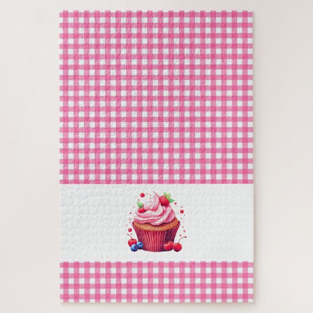 Quebra-cabeça Pink Plaid Checkered Strawberry Cupcake Puzzles  (Vertical)
