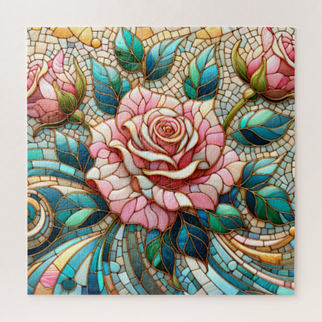 Quebra-cabeça Pink Roses Stained Glass Mosaic (Vertical)