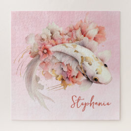 Quebra-cabeça Pink Watercolor Dourado Koi Fish Floral Personaliz