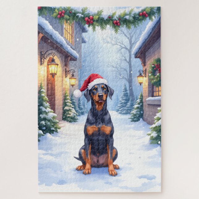 Quebra-cabeça Pinscher Alemão com Chapéu de Papai Noel no Pátio  (Vertical)