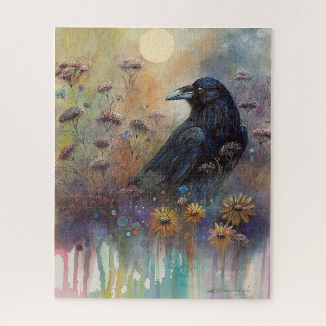 Quebra-cabeça Pintado à Mão Raven com Flores Selvagens (Vertical)