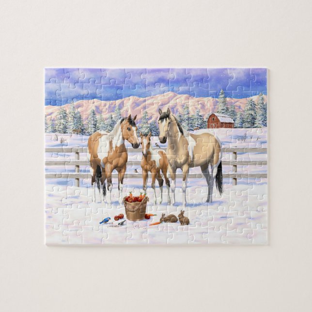 Quebra-cabeça Pinto Pinto Pintado Cavalos Quarto Na Neve (Horizontal)