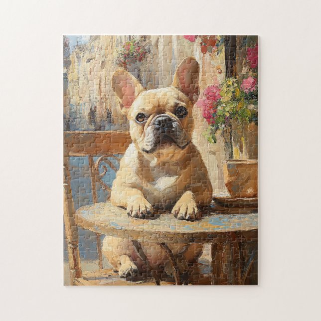 Quebra-cabeça Pintura a óleo do Café de Paris Cute Frenchie (Vertical)