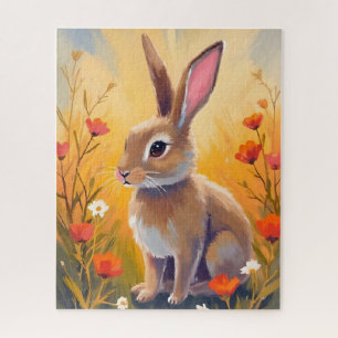 Quebra-cabeça Pintura Animal Campo Floral Coelho Marrom