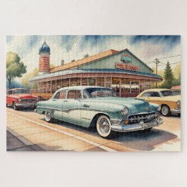 Quebra-cabeça Pintura aquosa de Carros vintage e Diner